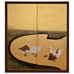 Japanese Two Panel Screen: Water Fowl by River's Edge
