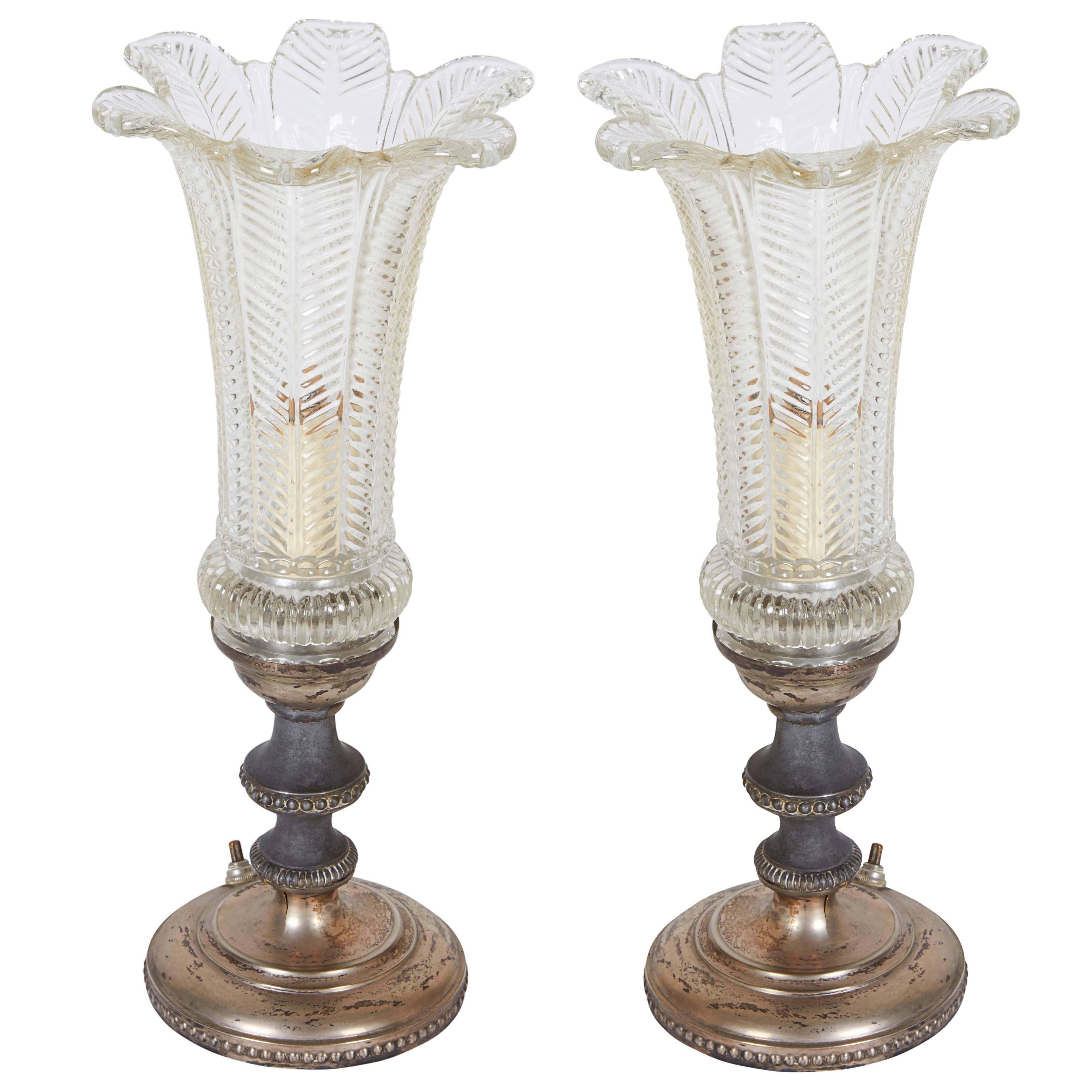 Pair of Hollywood Regency Candlestick Lamps with Floral Glass Hurricane Shades