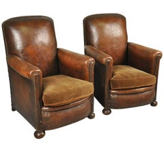 Antique Pair of French Art Deco Leather Club Chairs