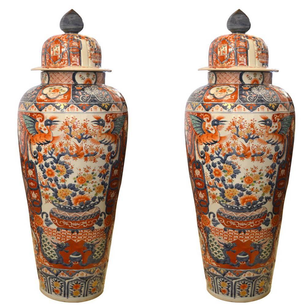 Large Pair of Imari Hand-Painted Vases with Lids