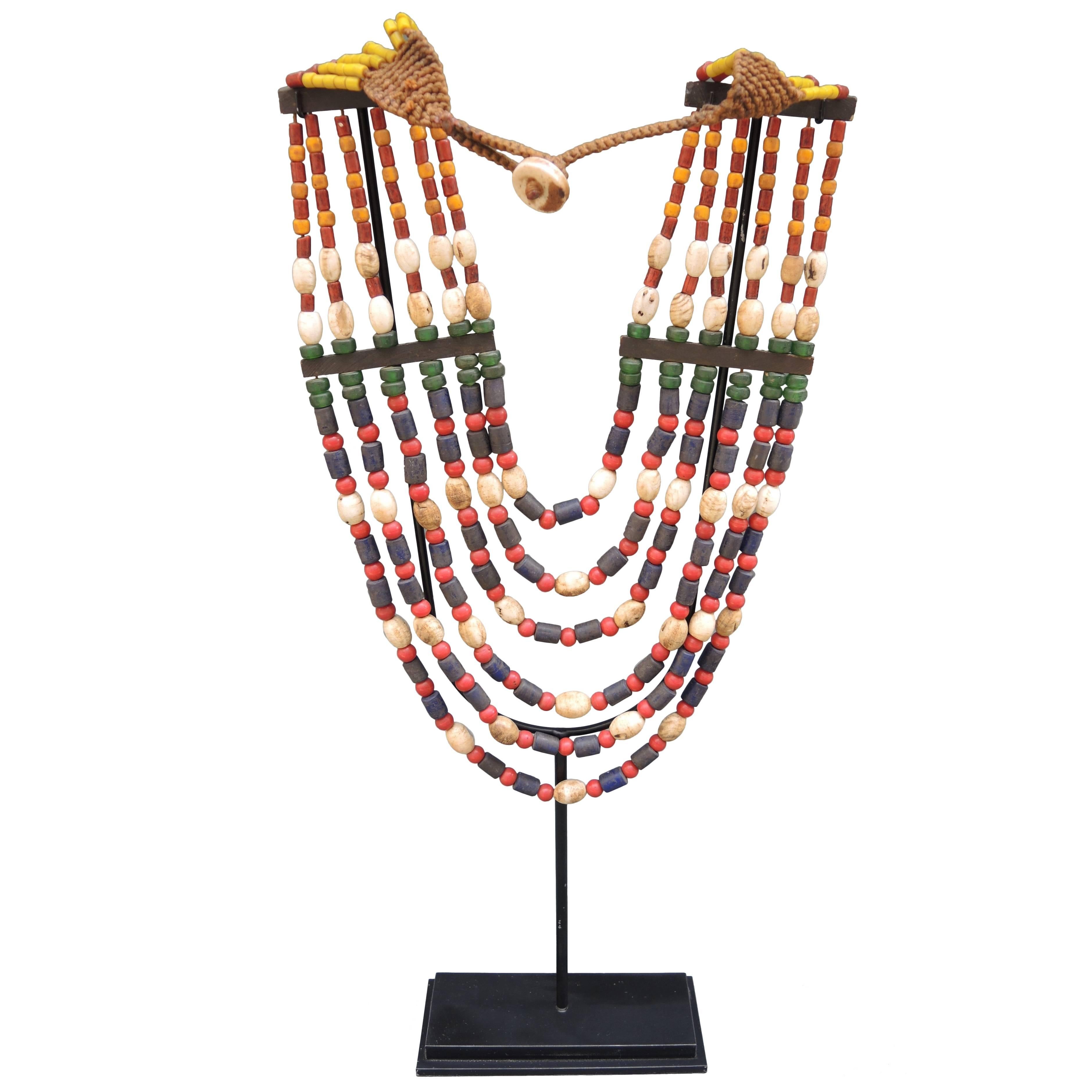 Vintage Naga Tribal Beaded Necklace on Custom-Made Display Stand For Sale