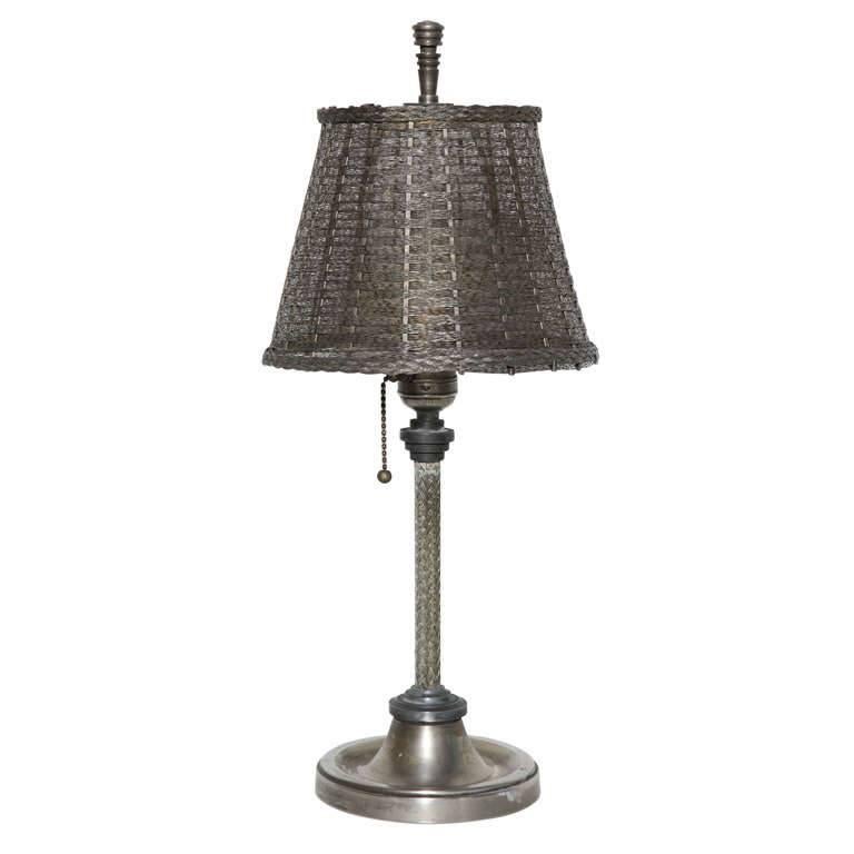 John Vassos for Wirecraft Nickel Plate Table Lamp with Woven Wire Shade 1930s    For Sale