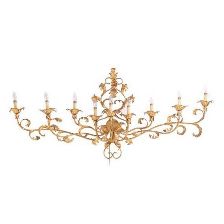 Monumental Italian Gilded Mid Century Nine-Arm Regency Lighted Sconce 5ft