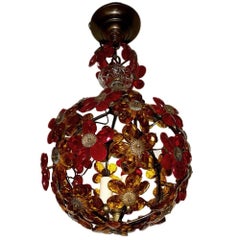 Gilt Metal Light Fixture with Crystal Flowers