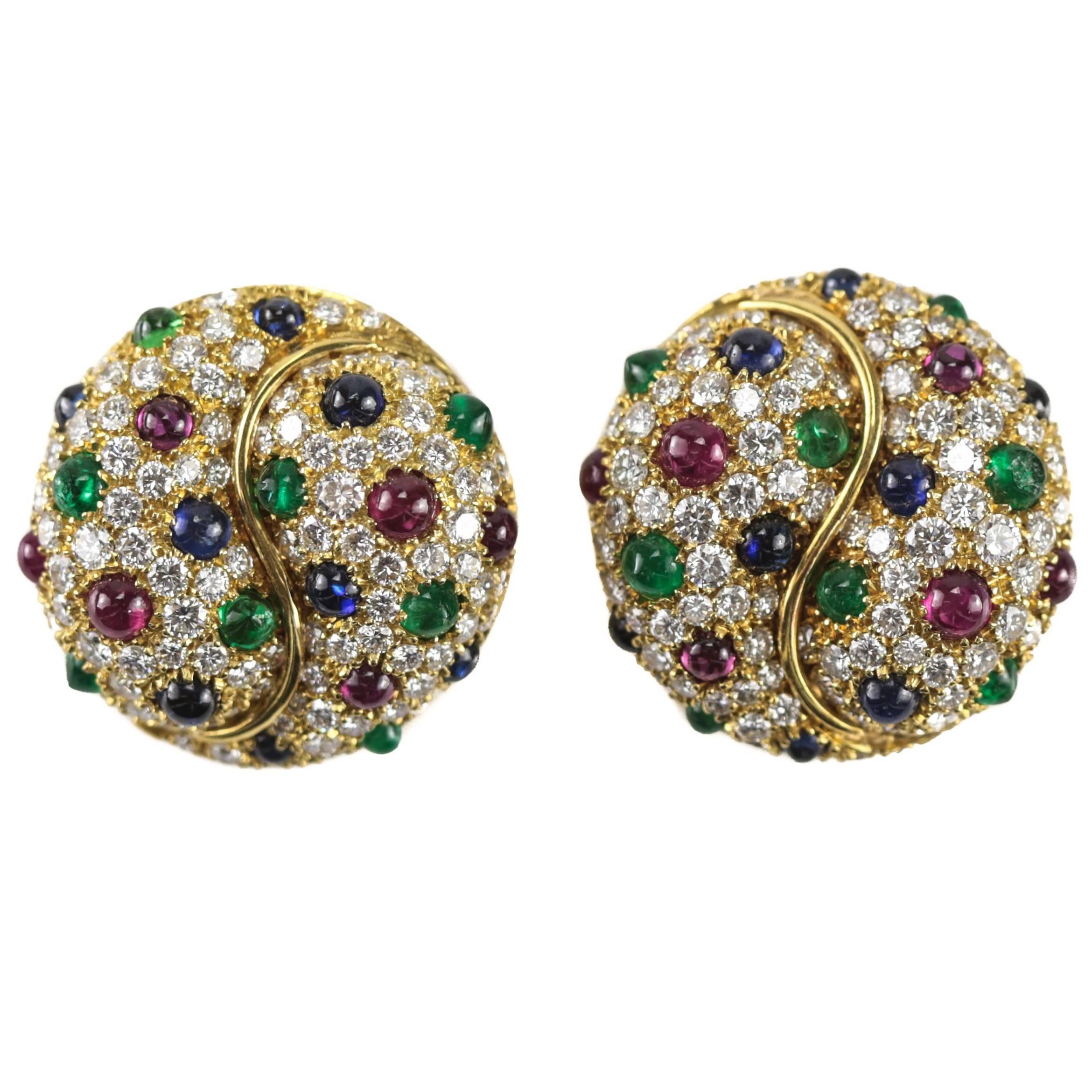 Picchiotti Diamond Emerald Sapphire and Ruby Domed Earrings For Sale