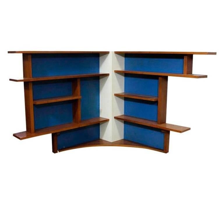 Large Mid-Century Wood and Blue Italian Bookshelf, 1950s-1970s
