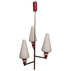 Vintage Elegant Italian Brass and Milk Glass Three-Light Chandelier, 1950s
