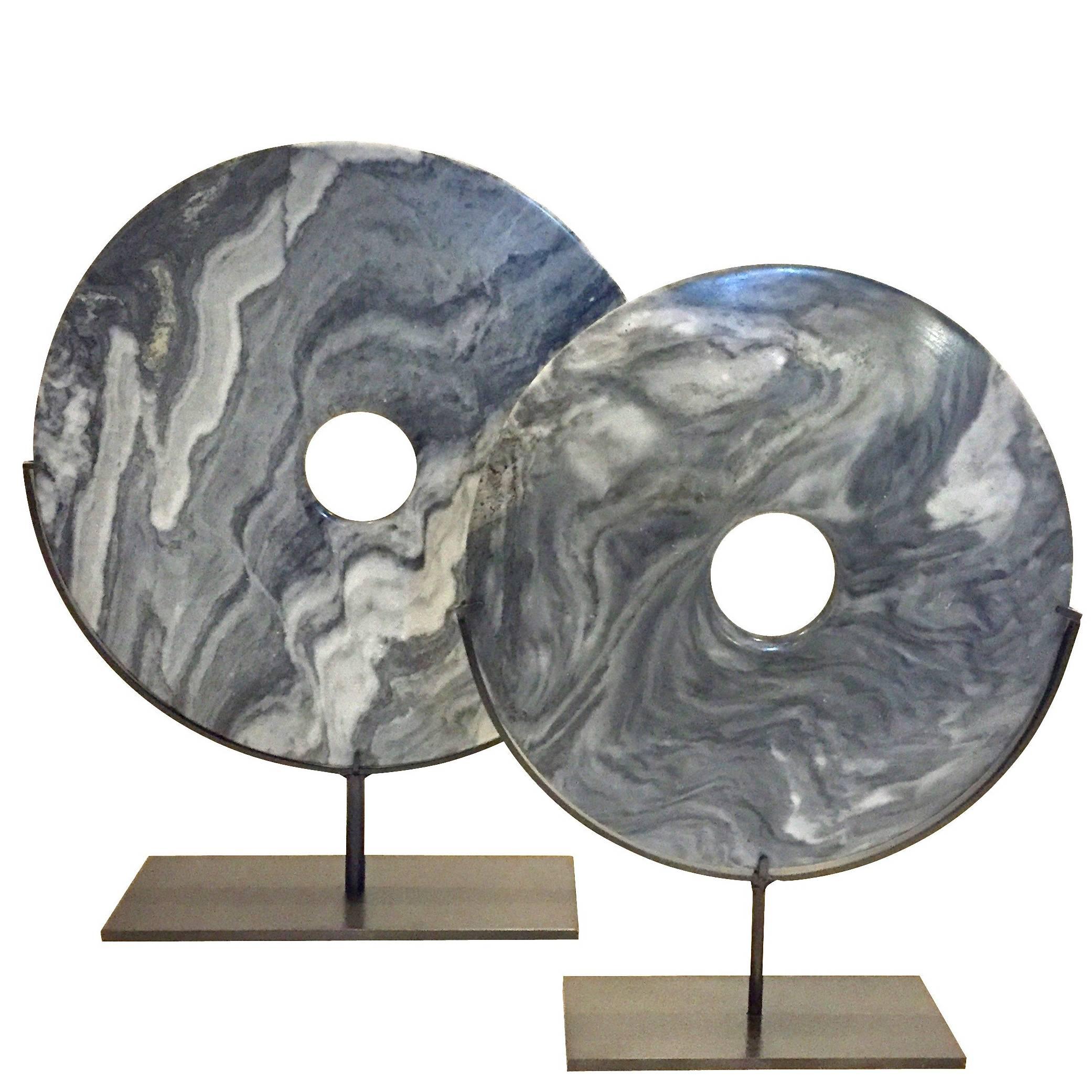 Set of Two Grey and White Smooth Disc Sculptures, Contemporary, China