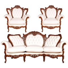 Venetian Rococo Armchairs Sofa set hand-carved walnut , leather upholstered