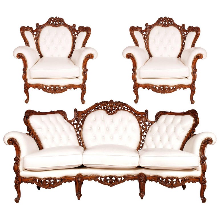 Venetian Rococo Armchairs Sofa set hand-carved walnut , leather upholstered  For Sale at 1stDibs | baroque sofa, venetian sofa
