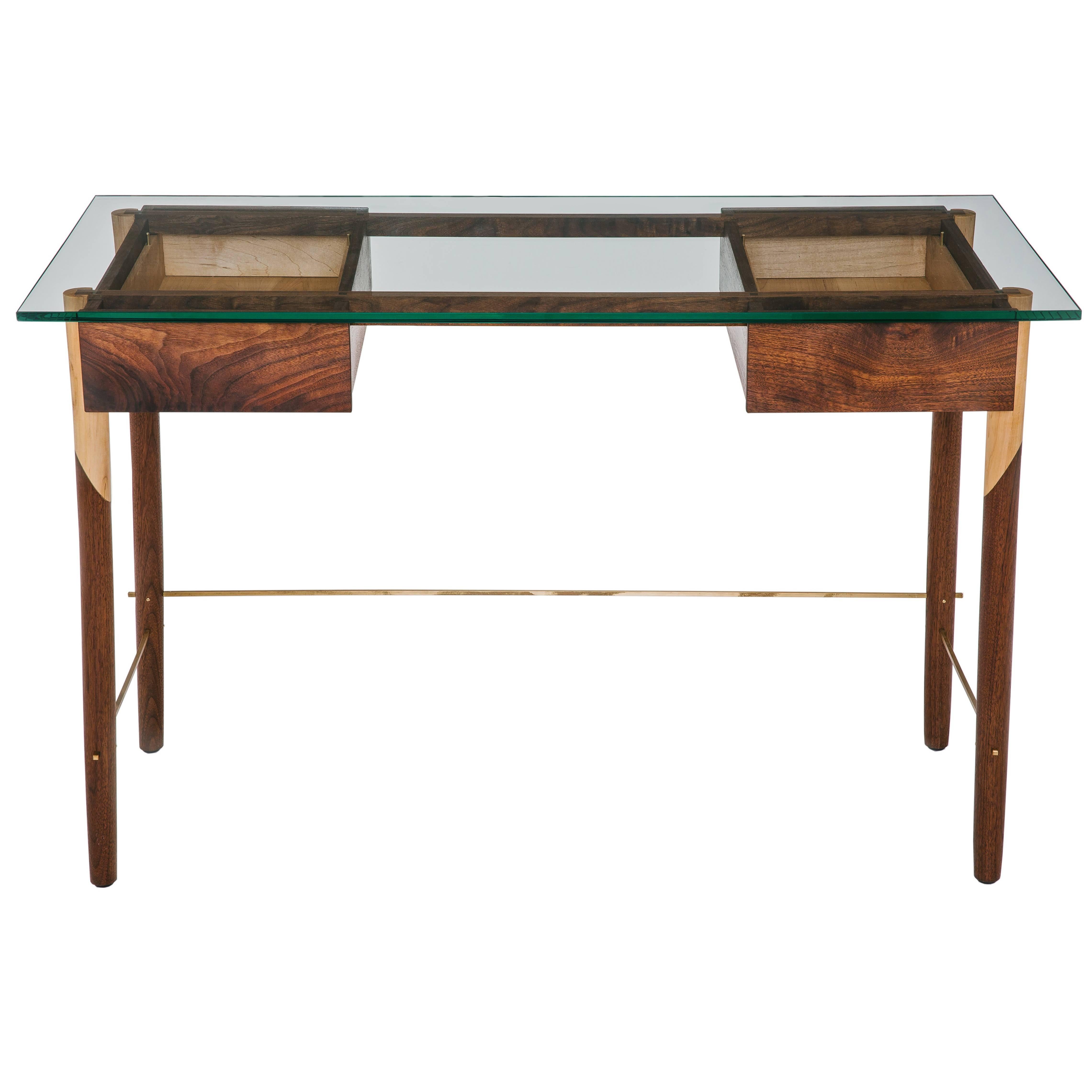 Writing Desk with Walnut, Maple, Brass and Glass Top For Sale