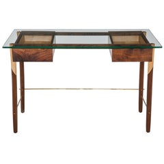 Writing Desk with Walnut, Maple, Brass and Glass Top