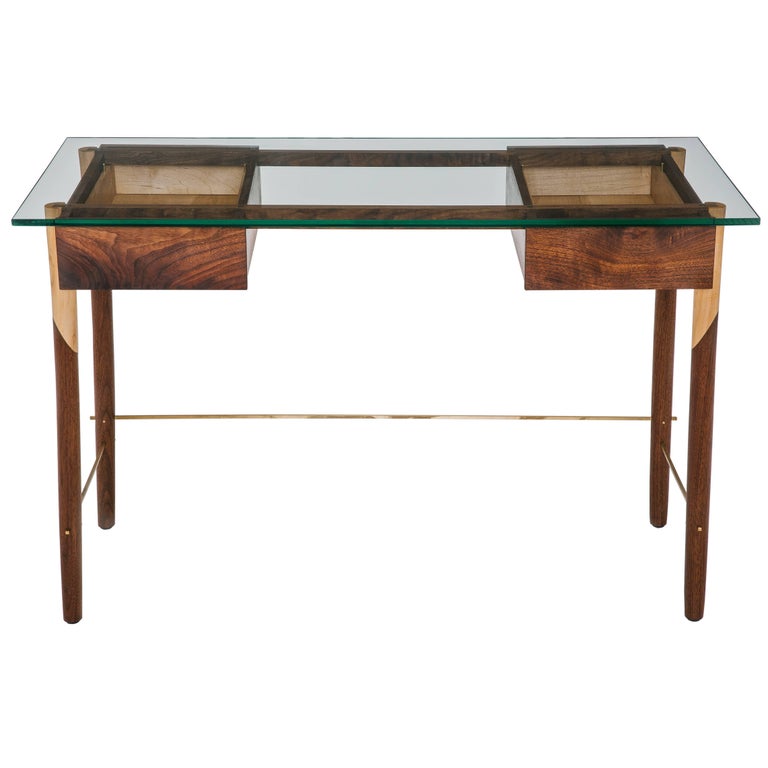 Writing Desk With Walnut Maple Brass And Glass Top For Sale At