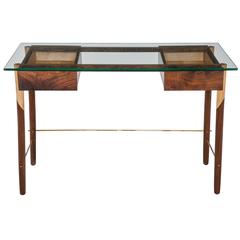 Writing Desk with Walnut, Maple, Brass and Glass Top 6