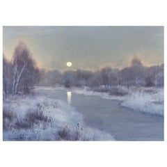 William R. Davis Tonalist Winter Landscape Oil Painting, Frosty Morning