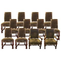 Mimi London Set of Twelve Velvet and Hand-Carved Walnut Dining Chairs