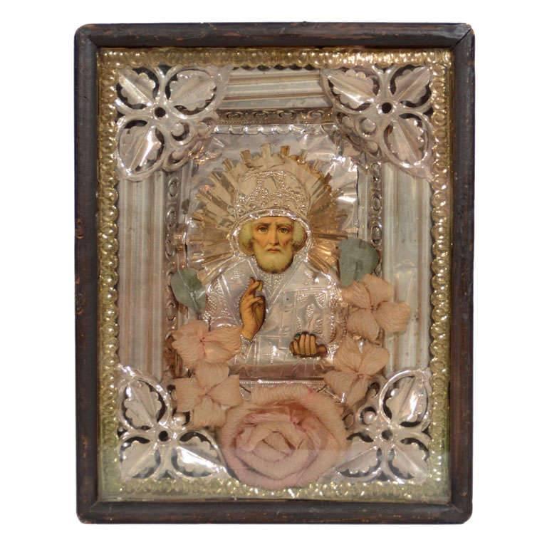 Antique Russian Icon of Saint Nicholas in Repousse Overlay