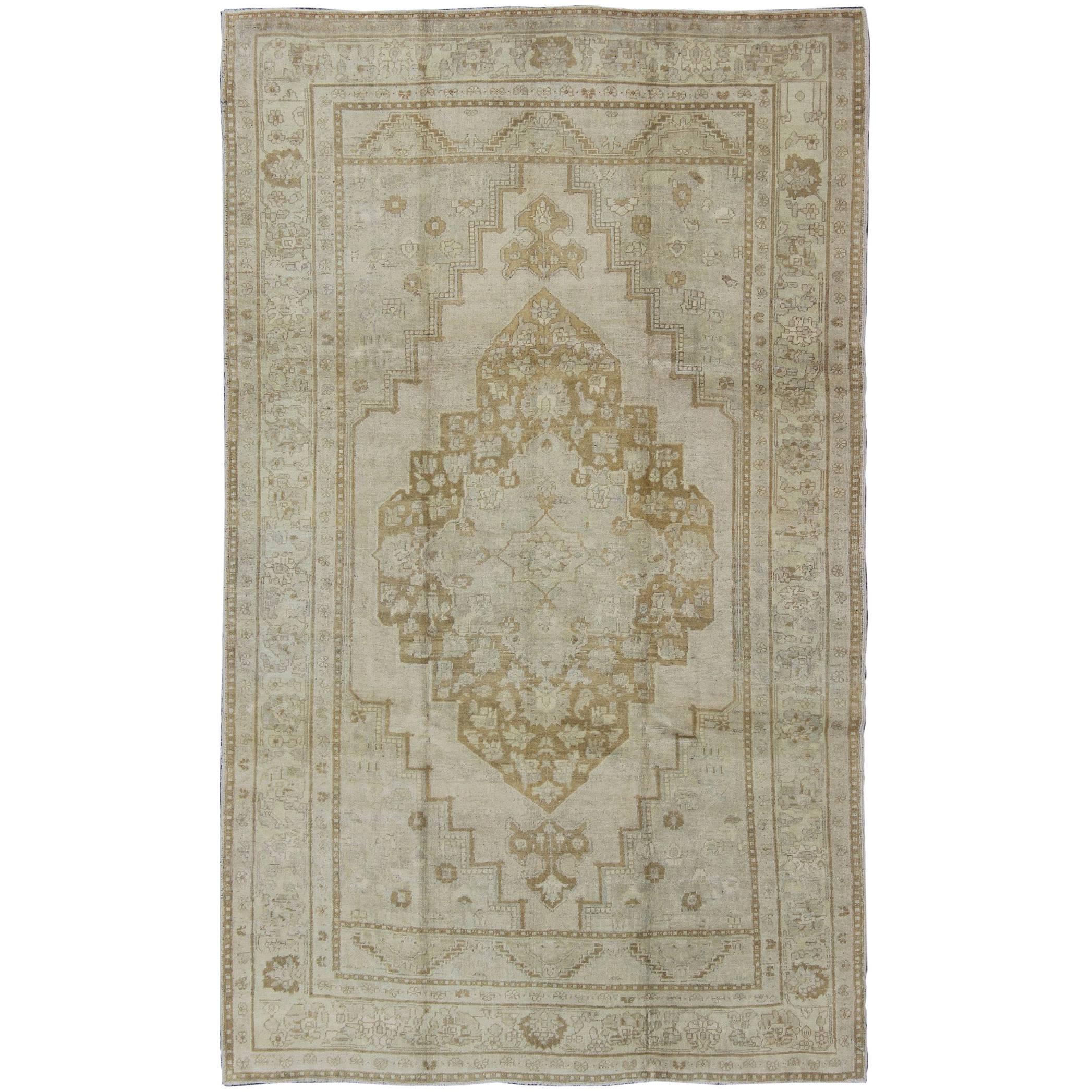 Pale Colored Vintage Turkish Oushak Rug in Gray, Taupe, Cream and Light Brown For Sale