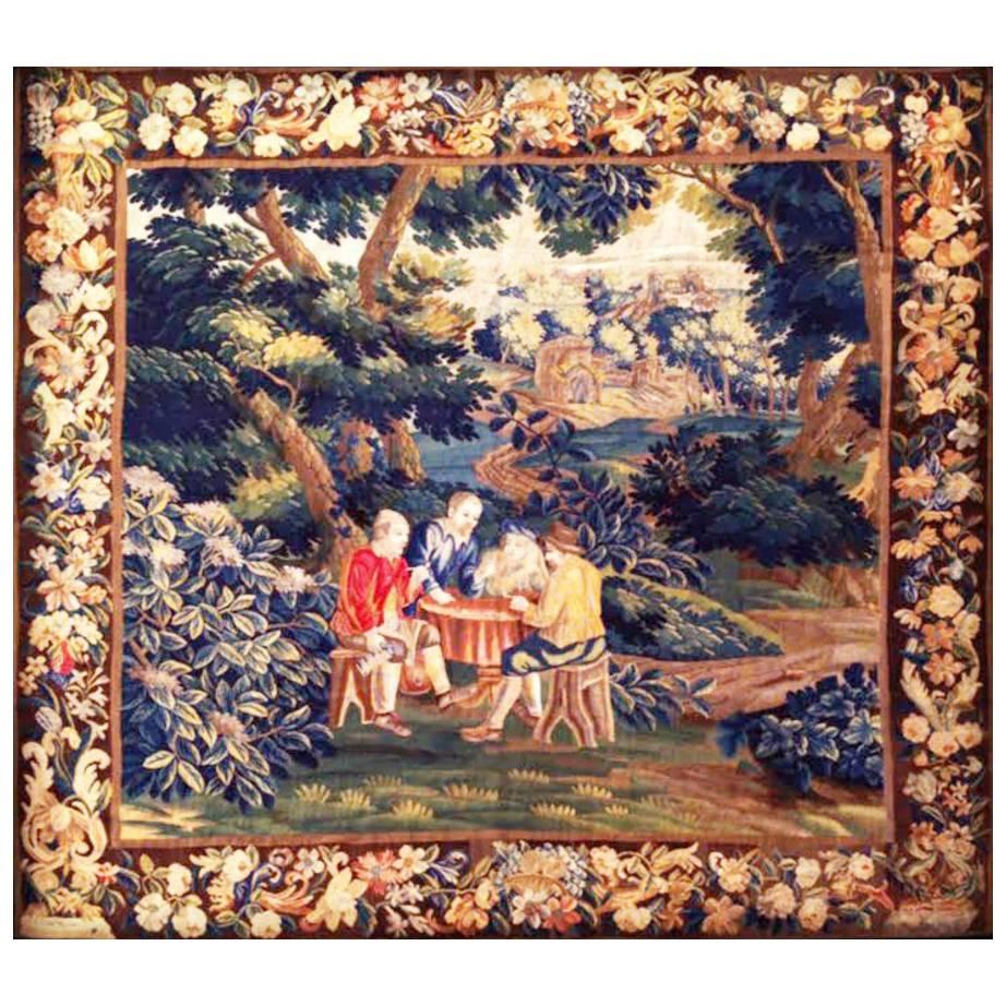 Royal Lille Manufacture Antique Tapestry, 18th Century, Piper Smokers For Sale