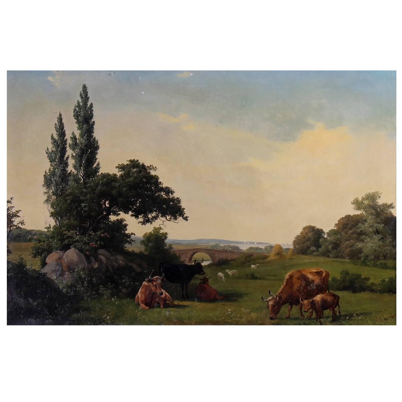 19th Century, Summer Landscape with Cows and Sheep, Signed A. Schovelin