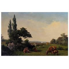 19th Century, Summer Landscape with Cows and Sheep, Signed A. Schovelin