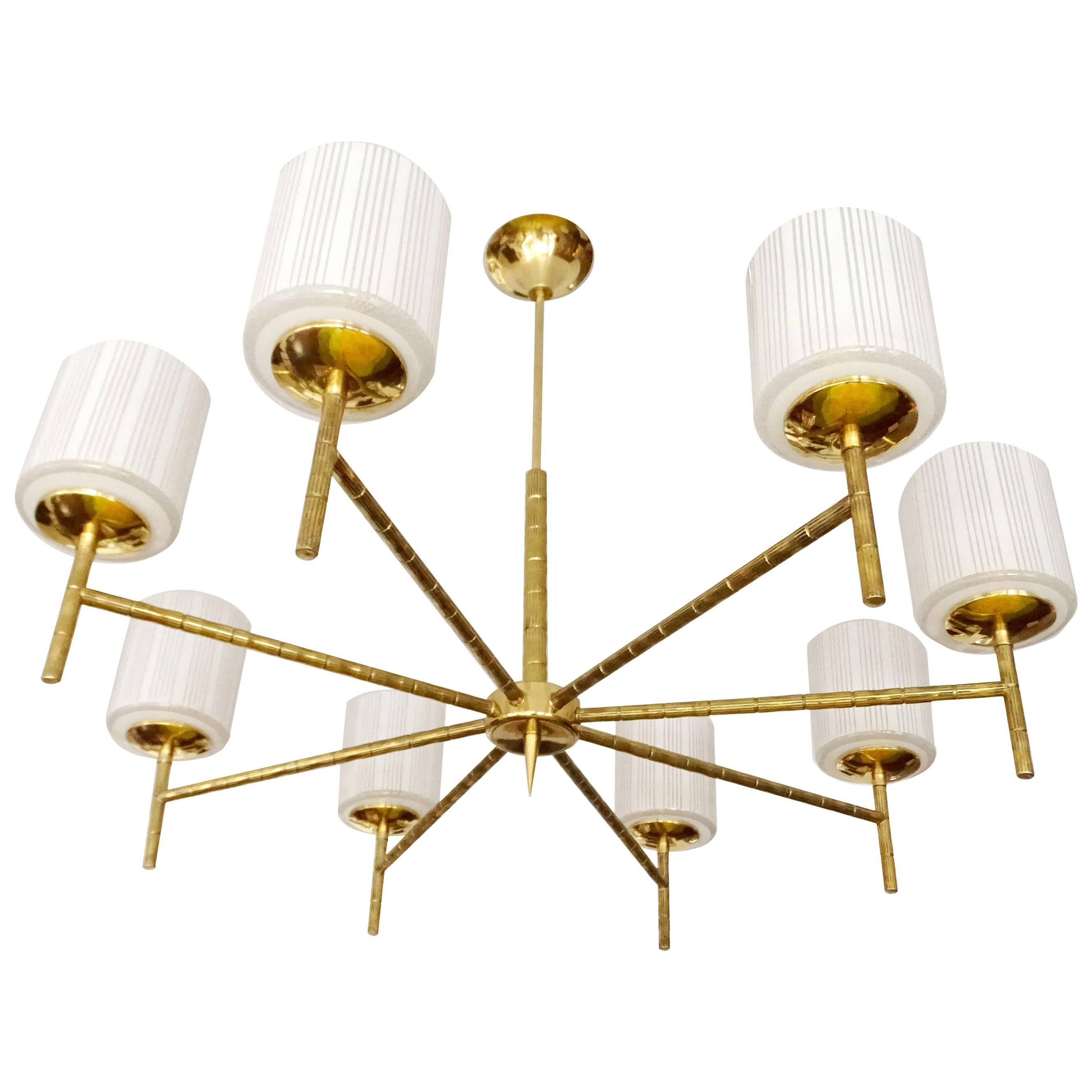 Large MidCentury Maison Bagues Brass Chandelier Glass Globes Pendant, 60s 