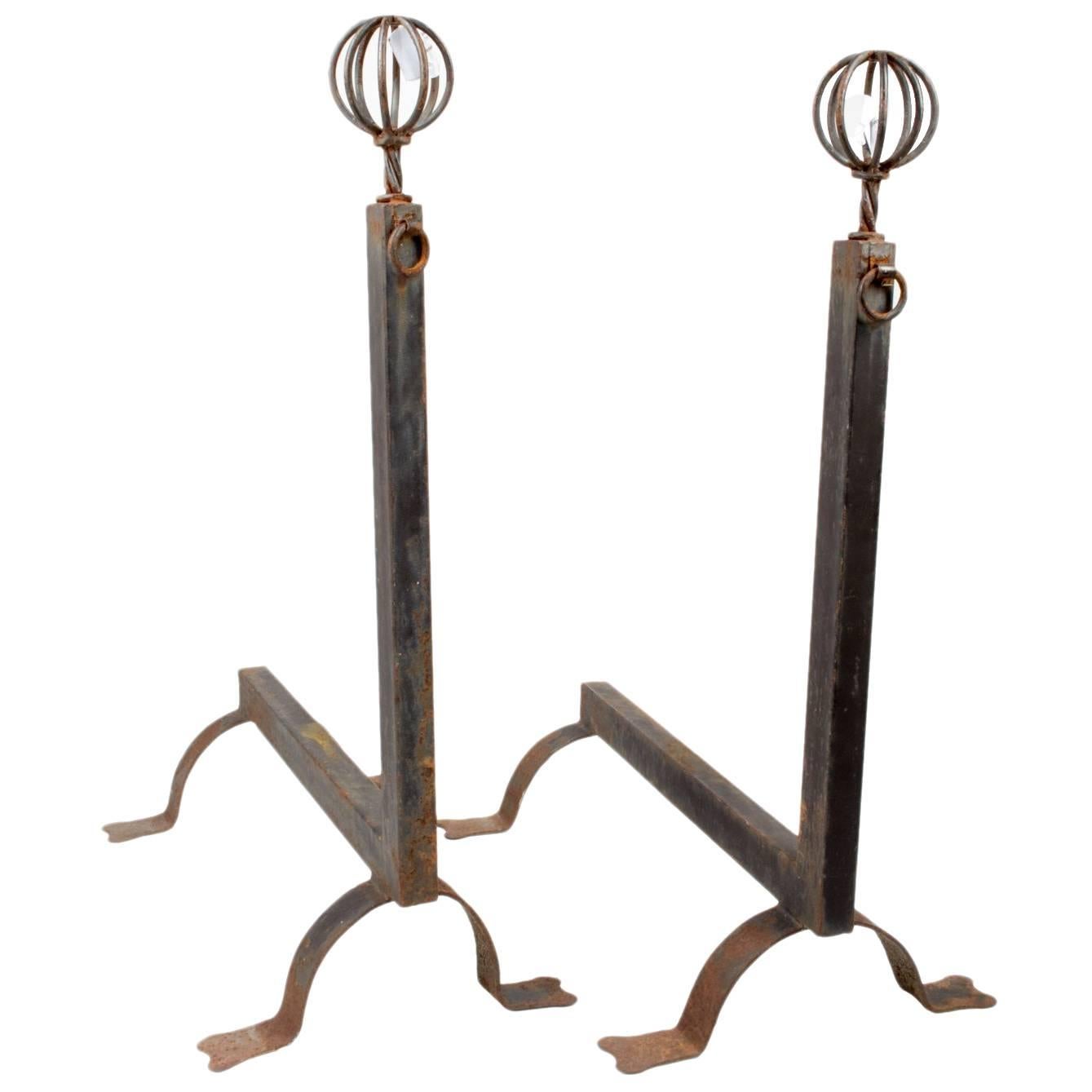 Antique French Ball and Ring Tall Andiron, Pair