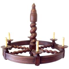 1930s European Barley Twist Carved Wood Ring Chandelier