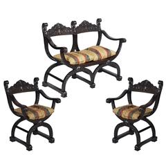 1800s Italian Renaissance Settee Sofa Couch with Two Chairs in Carved Walnut 8
