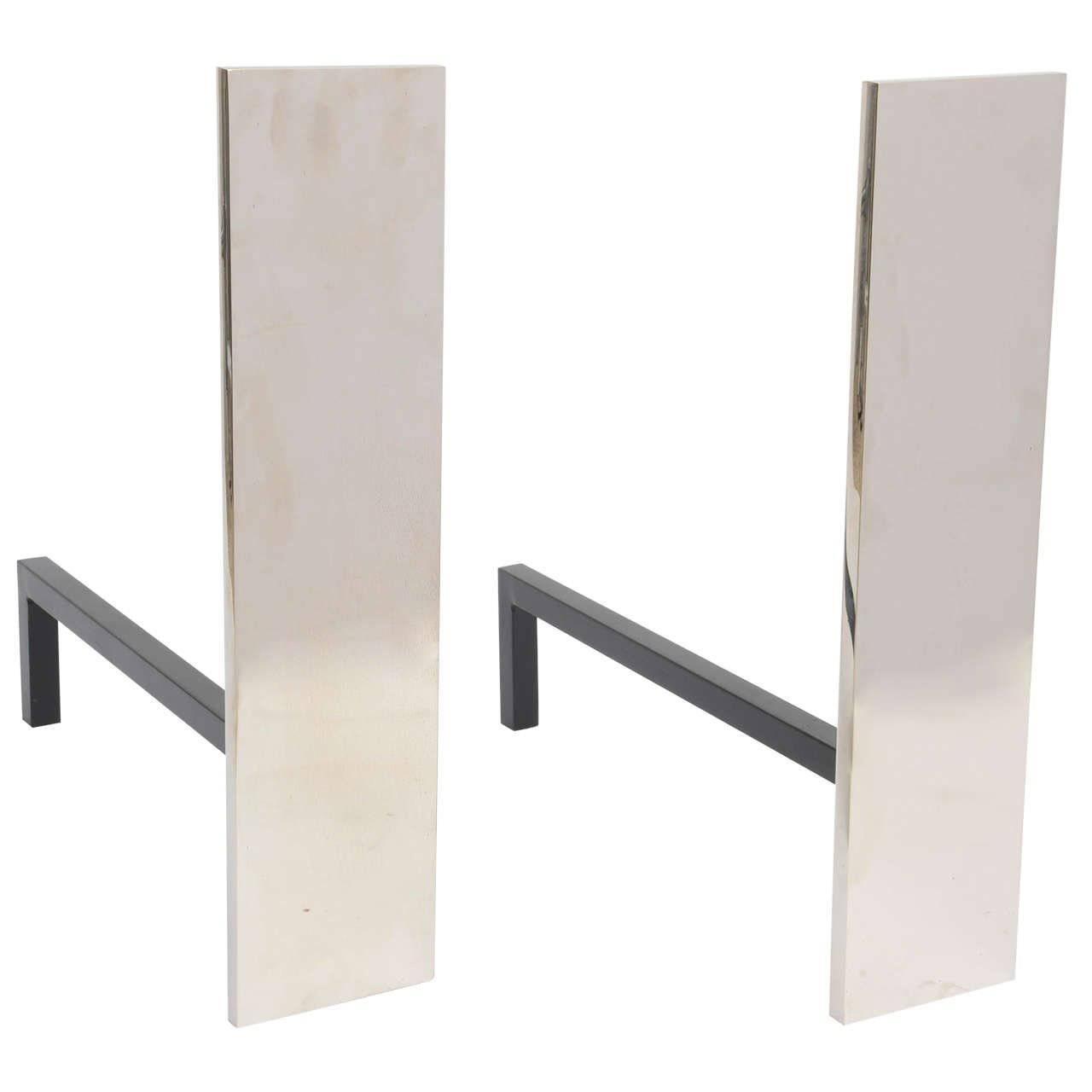 Pair of Polished Chrome and Wrought Iron Flat-Bar Andirons