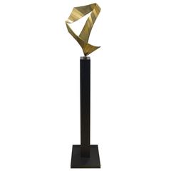 1970s Twisted Bronze Abstract Sculpture on Black Pedestal