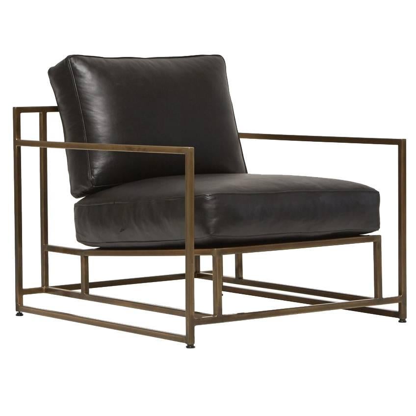Obsidian Black Leather and Antique Brass Armchair For Sale