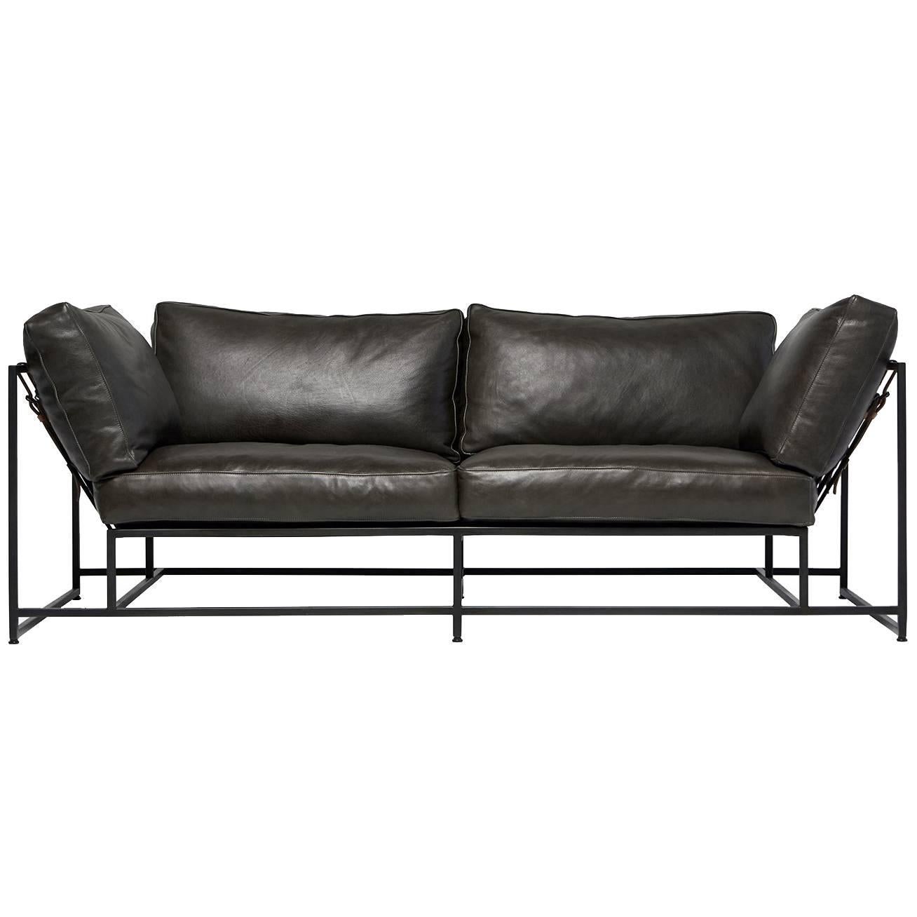 Smoke Leather and Blackened Steel Two-Seat Sofa For Sale