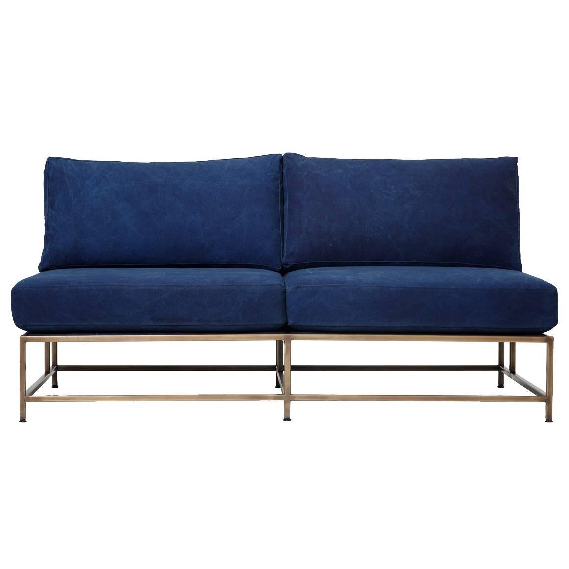 Hand-Dyed Indigo Canvas and Antique Brass Loveseat For Sale