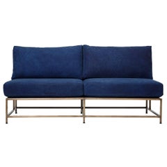 Hand-Dyed Indigo Canvas and Antique Brass Loveseat