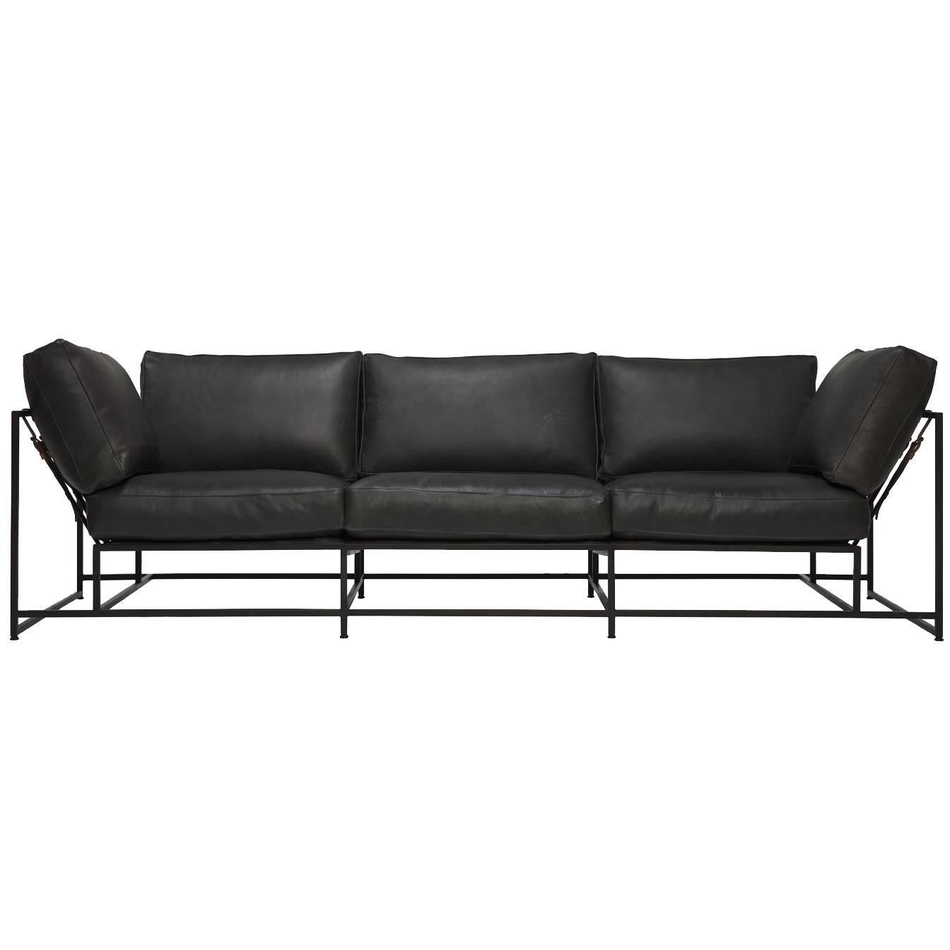 Smoke Leather and Blackened Steel Sofa For Sale