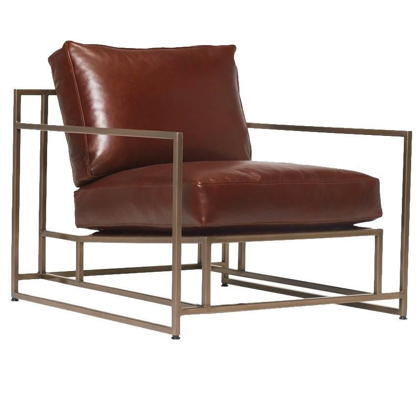 Walnut Leather and Antique Brass Armchair For Sale