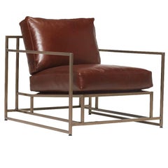 Walnut Leather and Antique Brass Armchair