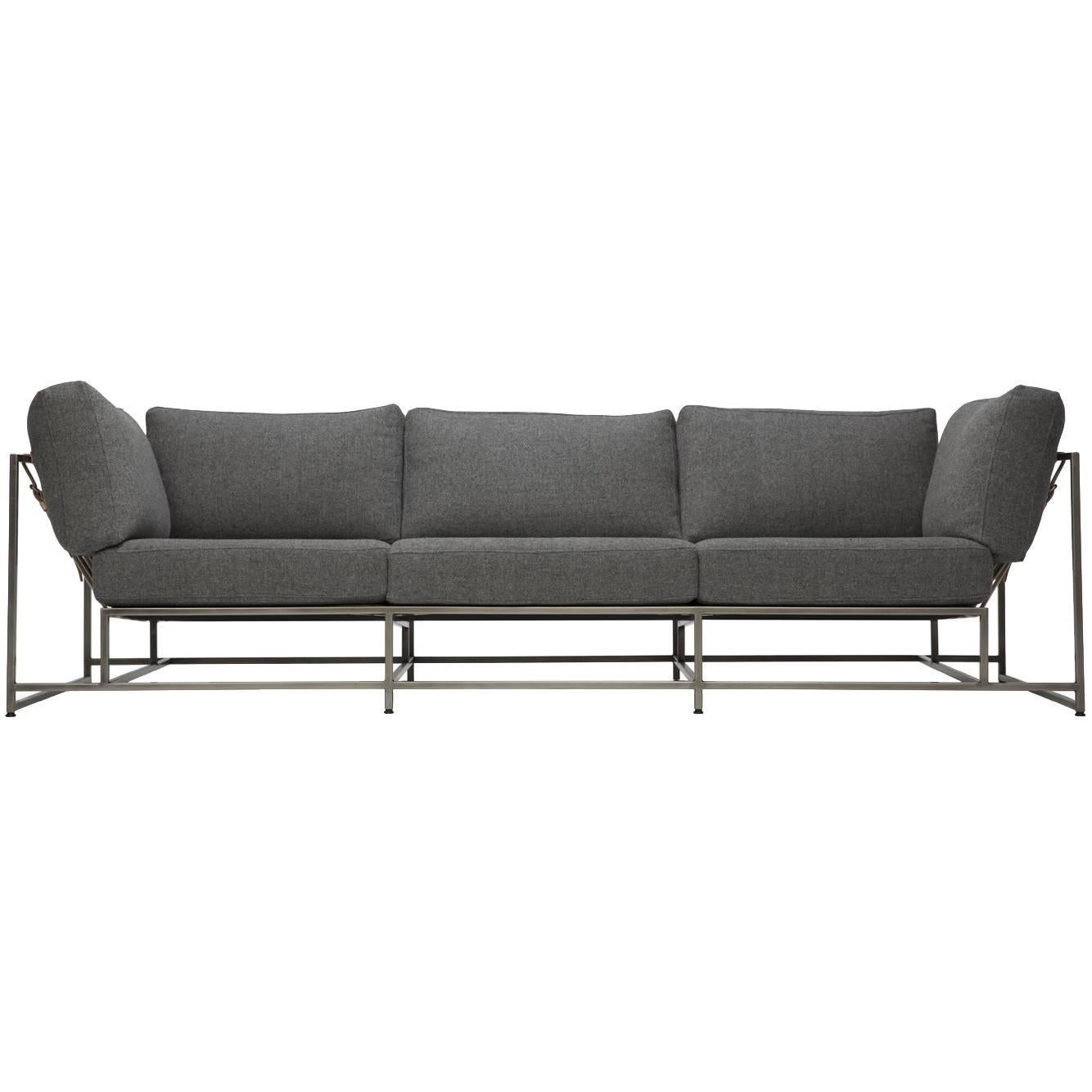 Faribault Grey Wool and Antique Nickel Sofa For Sale