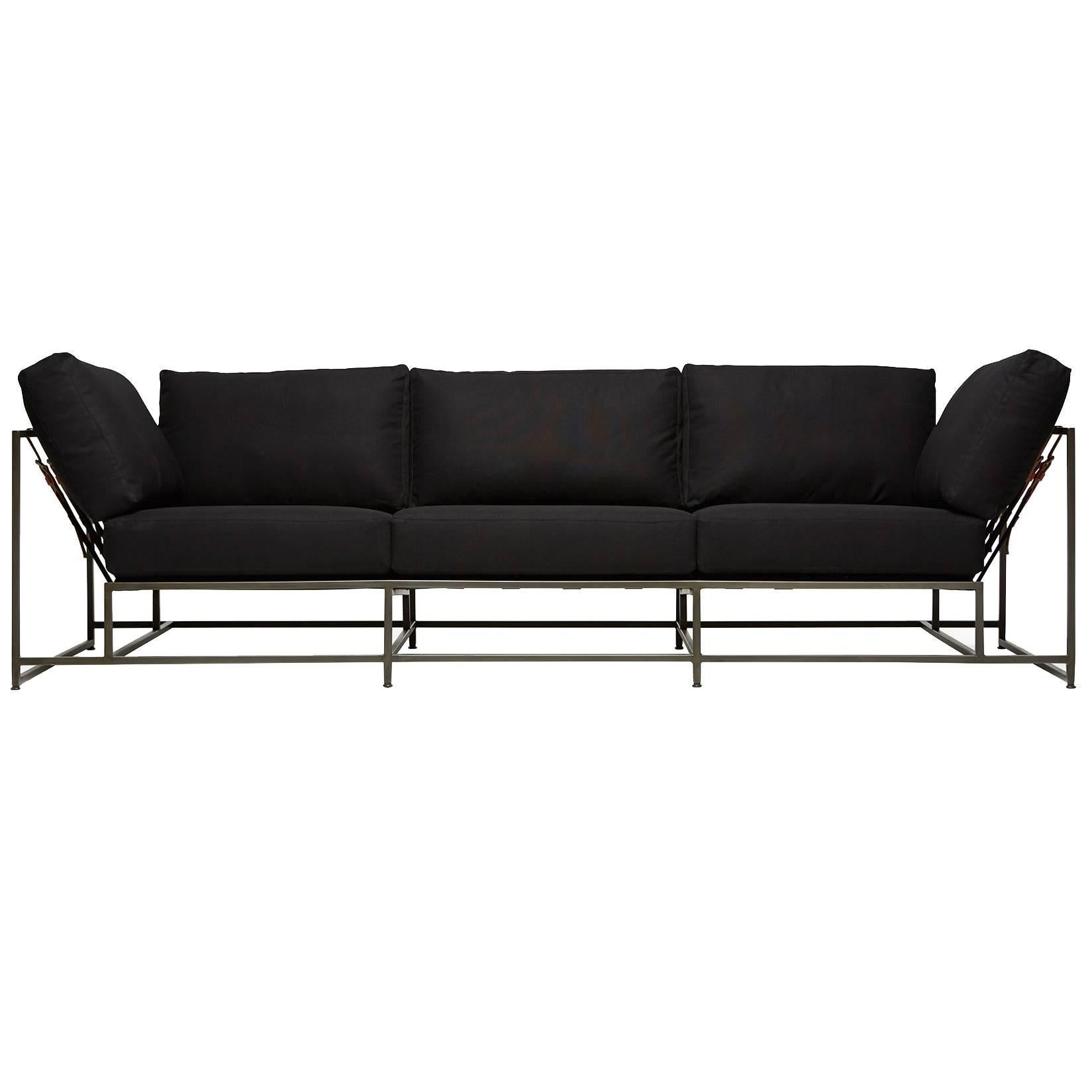 Black Canvas and Blackened Steel Sofa For Sale