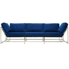 Hand-Dyed Indigo Canvas and Polished Brass Sofa 8