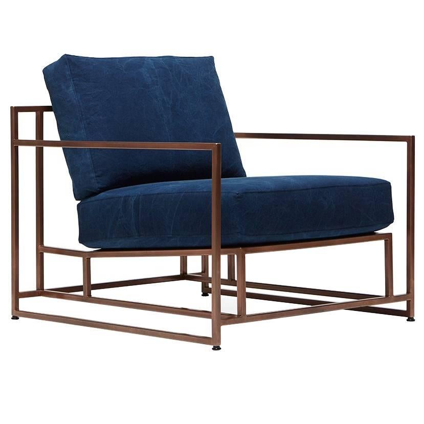 Hand-Dyed Indigo Canvas and Antique Copper Armchair For Sale