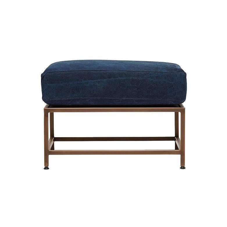 Hand-Dyed Indigo Canvas and Antique Copper Ottoman For Sale