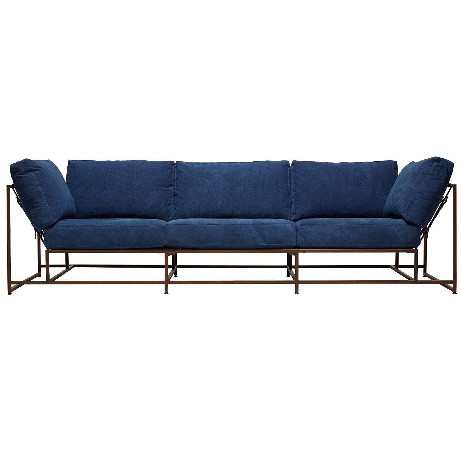 Hand-Dyed Indigo Canvas and Marbled Rust Three Piece Sofa For Sale