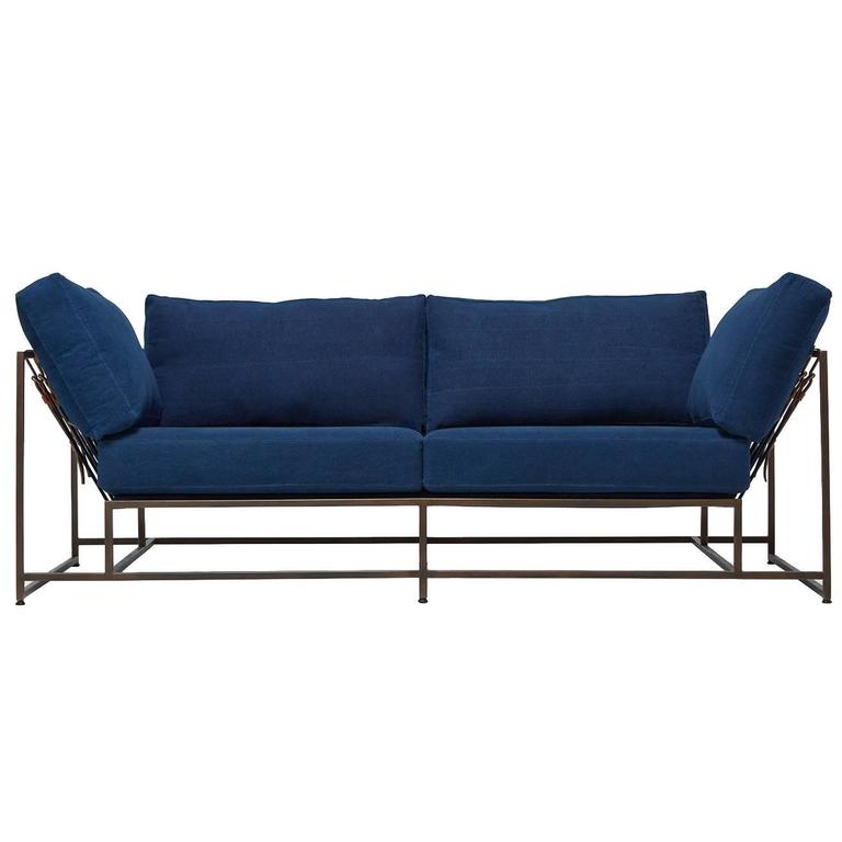 Hand Dyed Indigo Canvas And Antique Copper Two Seat Sofa