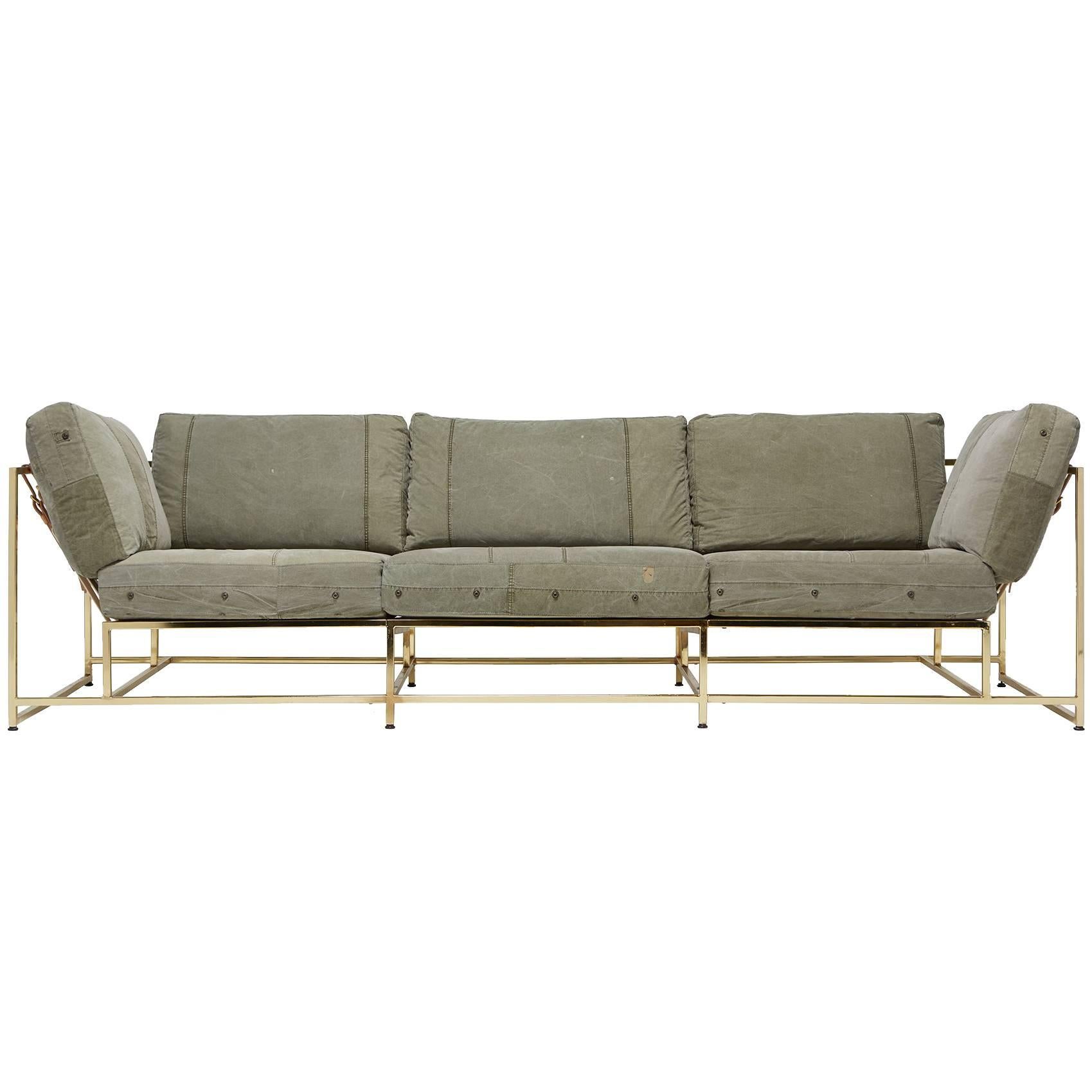 Vintage Military Canvas and Polished Brass Sofa For Sale