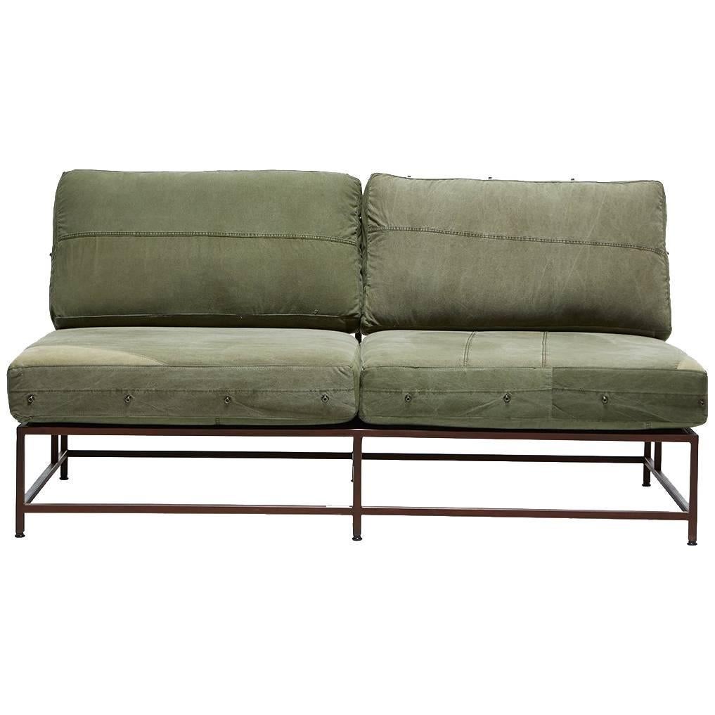 Vintage Military Canvas and Marbled Rust Loveseat For Sale