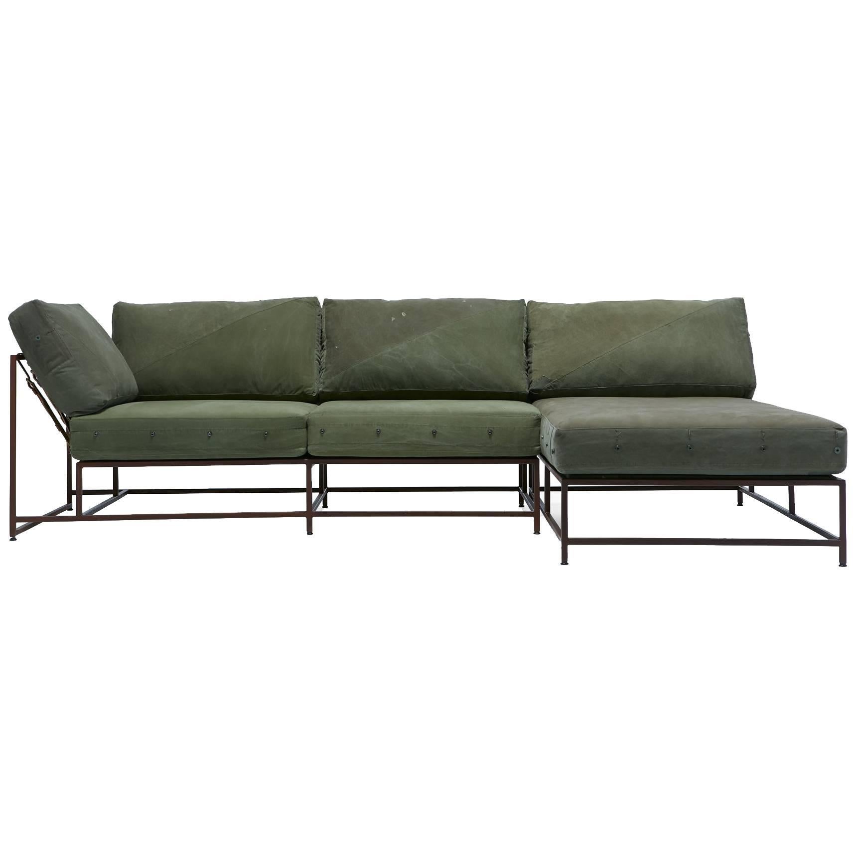 Vintage Military Canvas & Marbled Rust Chaise Sectional For Sale