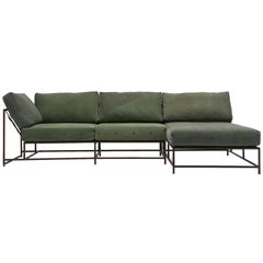 Vintage Military Canvas & Marbled Rust Chaise Sectional