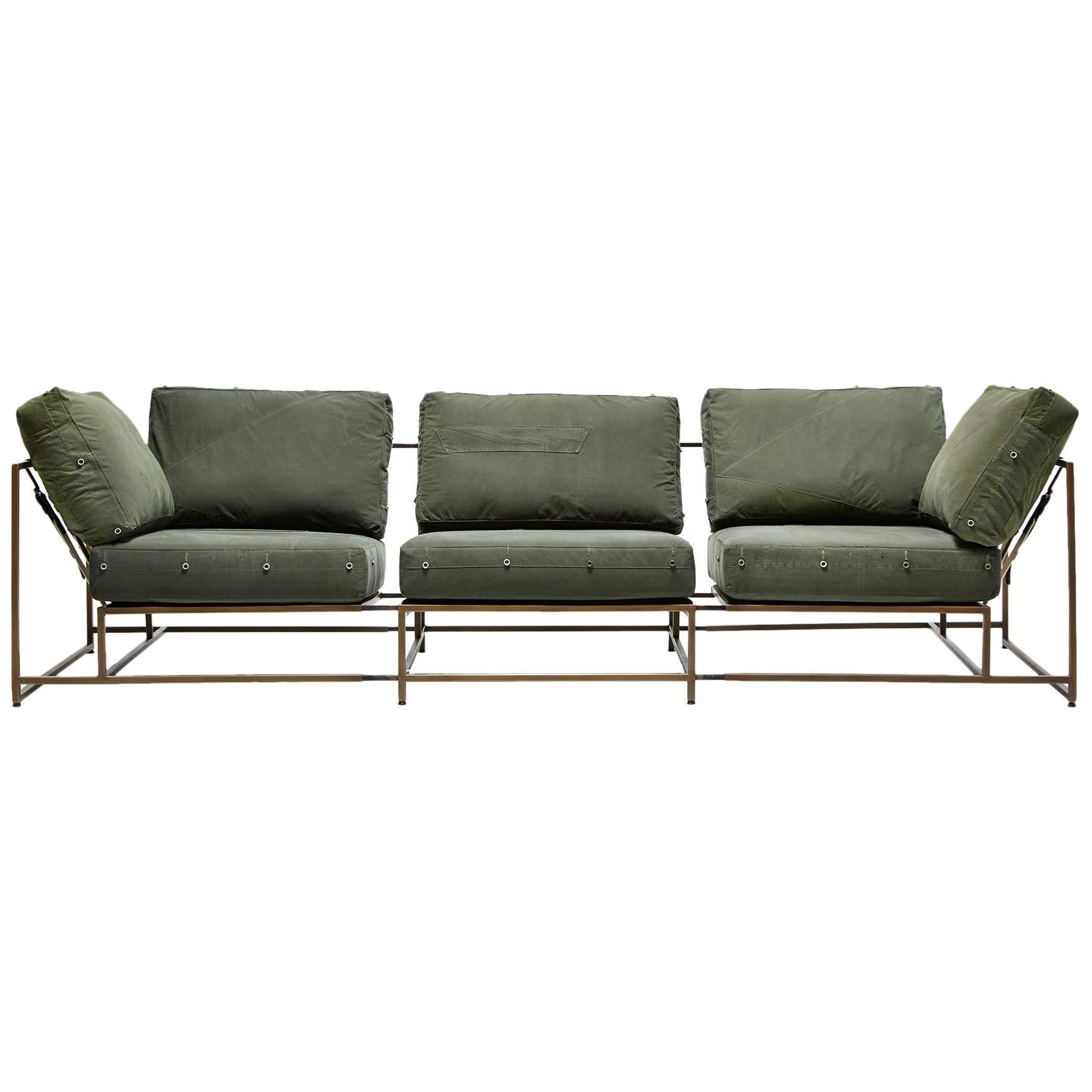 Vintage Military Canvas and Antique Brass Three Piece Sofa For Sale